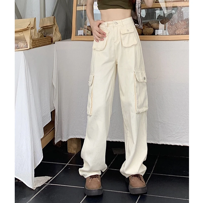 Белые джинсы-карго для женщин свободные прямые брюки с множеством карманов в