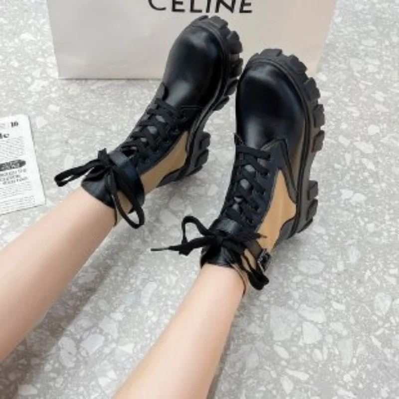 short Boots Women's British Fan Boots 2021 New Spring and Autumn Boots Women's Short Boots Thick-soled Single Boots Large Size