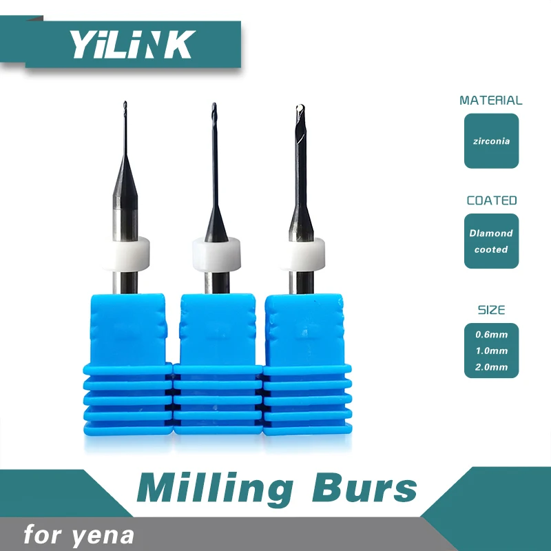 3 Pieces Dental Milling Burs for Yena CAD CAM System Diamond Coated Shank 4mm  Size 0.6/1.0/2.0mm for Milling Zirconia and PMMA