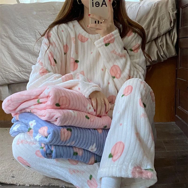 

Flannel Winter Pajamas for Women Kawaii Printed Coral Fleece Long Sleeve Thickened Sleepwear Long Plants Loungewear Home Wear