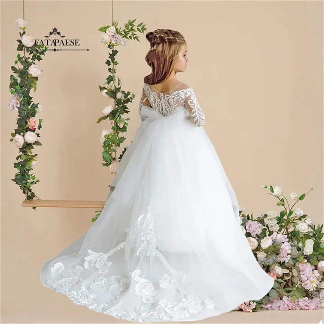 Белое детское платье подружки невесты для девочек тюлевое трапециевидной формы