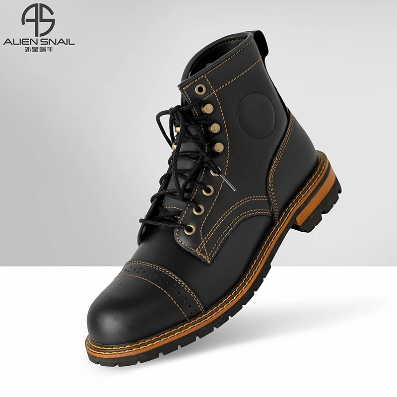 

Винтажные мотоциклетные ботинки ALIEN SNAILS, черные рабочие ботинки из натуральной кожи в британском стиле ретро, мужские локомотивные ботинки с высоким берцем, ботинки мартинсы