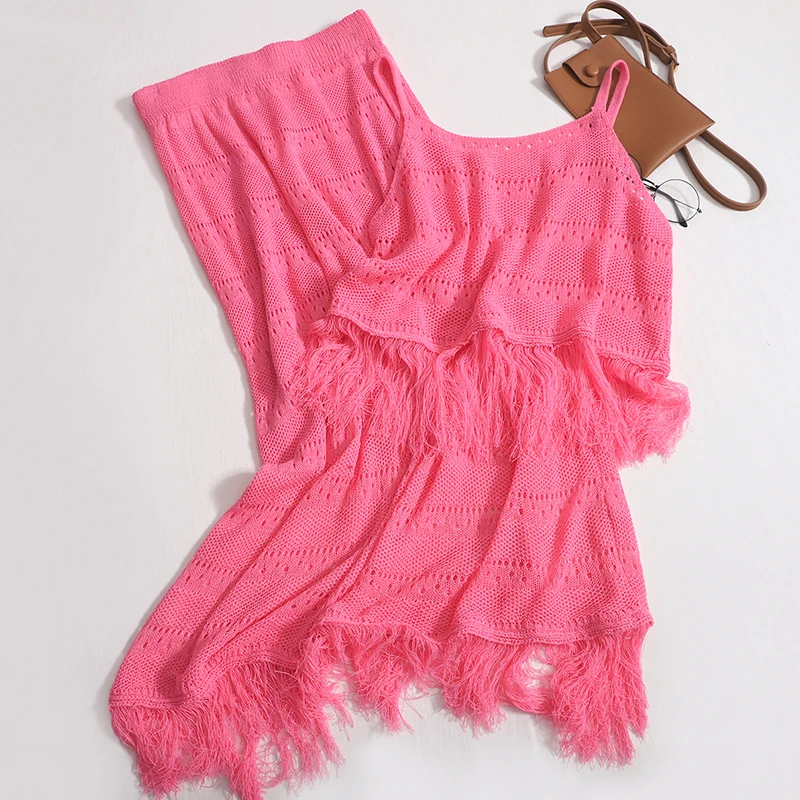 

Женский трикотажный комплект из двух предметов, модельный Трикотажный жилет с кисточками и юбка с высокой талией, лето 2023