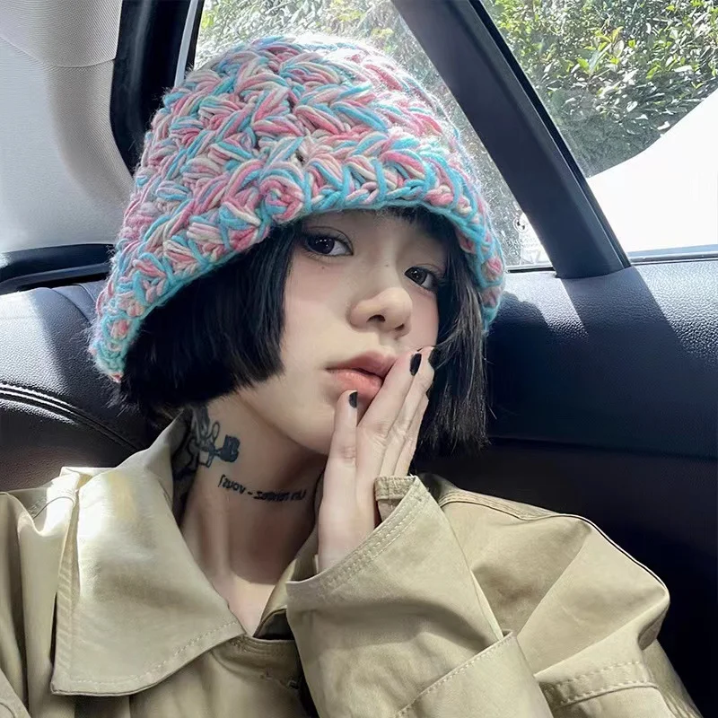 

Разноцветные толстые шапки, облегающие шапки, вязаная шапка Ins, женские осенне-зимние универсальные теплые Панамы, шапки для женщин