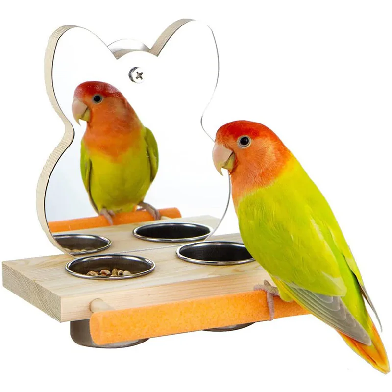 

Parrots Mirror Feeder Cups Bowl Wooden Birds Toy Bird Feeding Cups Clamp Parrot Cage Hanging Stainless Steel Coop Dish Drop Ship