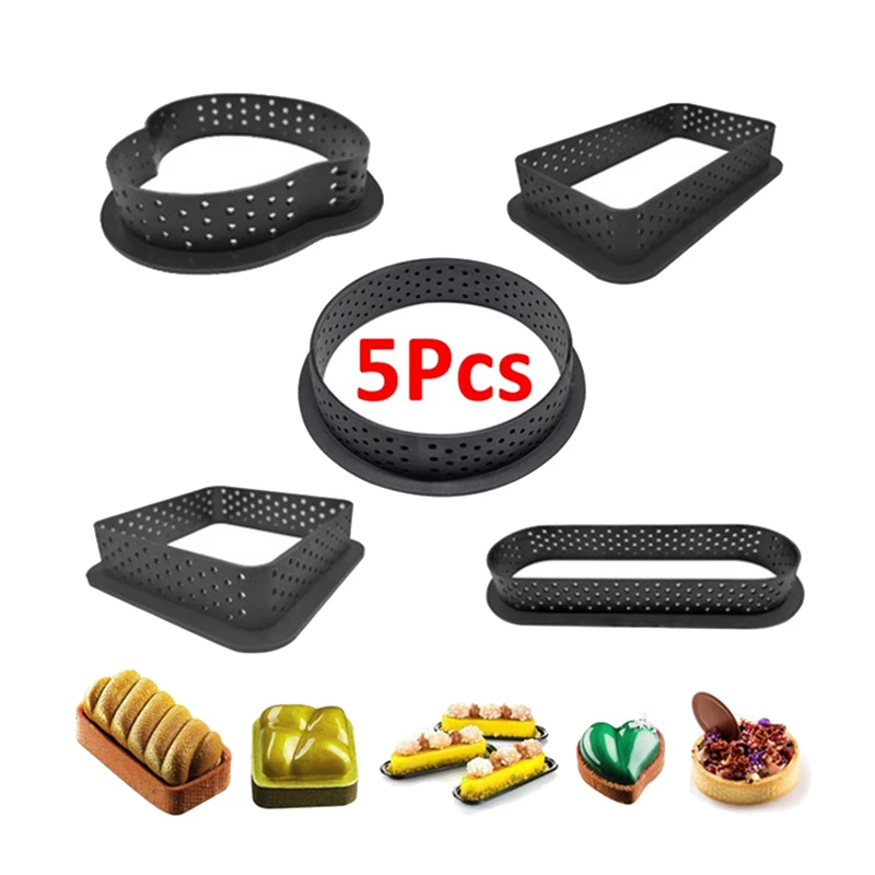

AT14 5 Pcs (Round,Love,Square,Rectangle,Oval) DIY Dessert Mousse Tart Ring Cutter Perforated Circle Bakeware Cake Mold