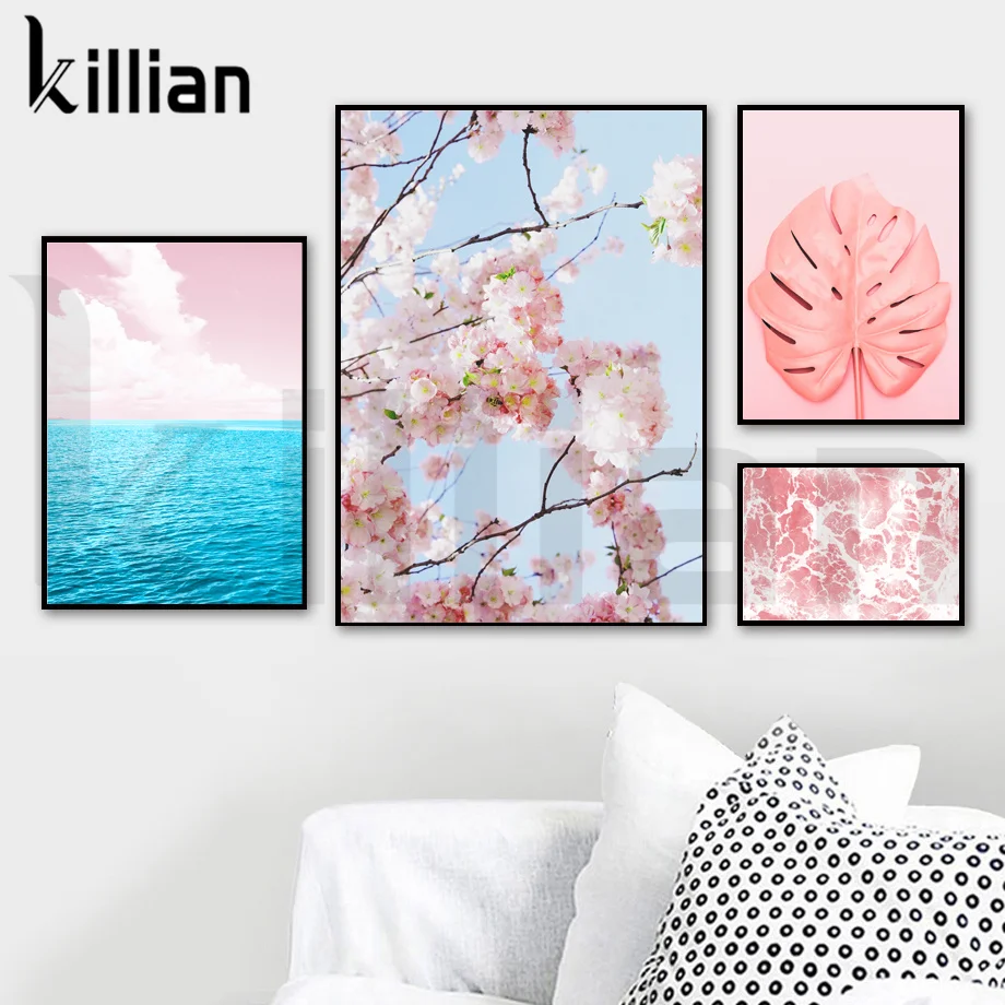 

Pink Landscape Canvas Painting Beach Sea Water Sky Leaves Flower Wall Art Nordic Modern Canvas Poster for Living Room Home Decor