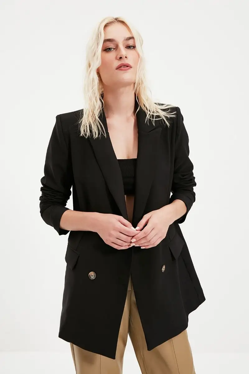 Black Button Oversize Double Breasted Blazer Jacket TWOAW21CE0145