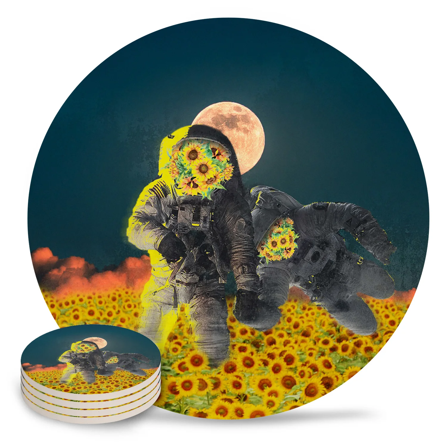 

Sunflower Astronaut Moon Round Coaster Coffee Table Mats Kitchen Accessories Absorbent Ceramic Coasters Placemats Car Coasters