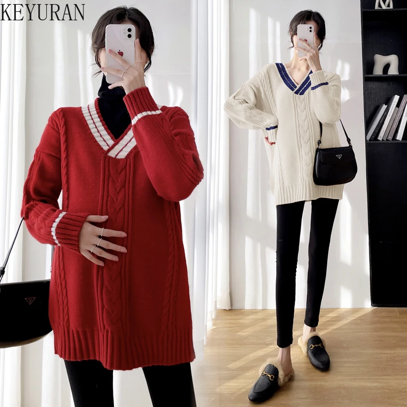 

Зимняя одежда для беременных свитера для беременных корейские Свободные Лоскутные вязаные пуловеры с V-образным вырезом свитер для беремен...