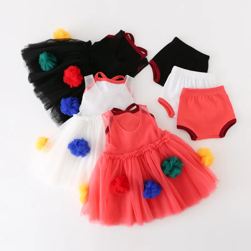 

Summer Sweet Baby Girl Clothes New Solid Colour Bath Ball Mesh Vest Baby Dress Set Performance Princess Girl Dresses 12M-6T