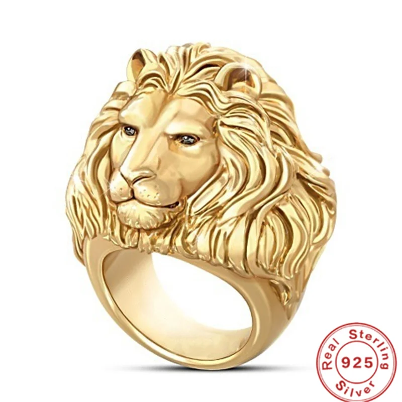 

925 Silver Ring Hip Hop Lion Head Men's 18K Gold Ring Punk Hip-hop Jewelry