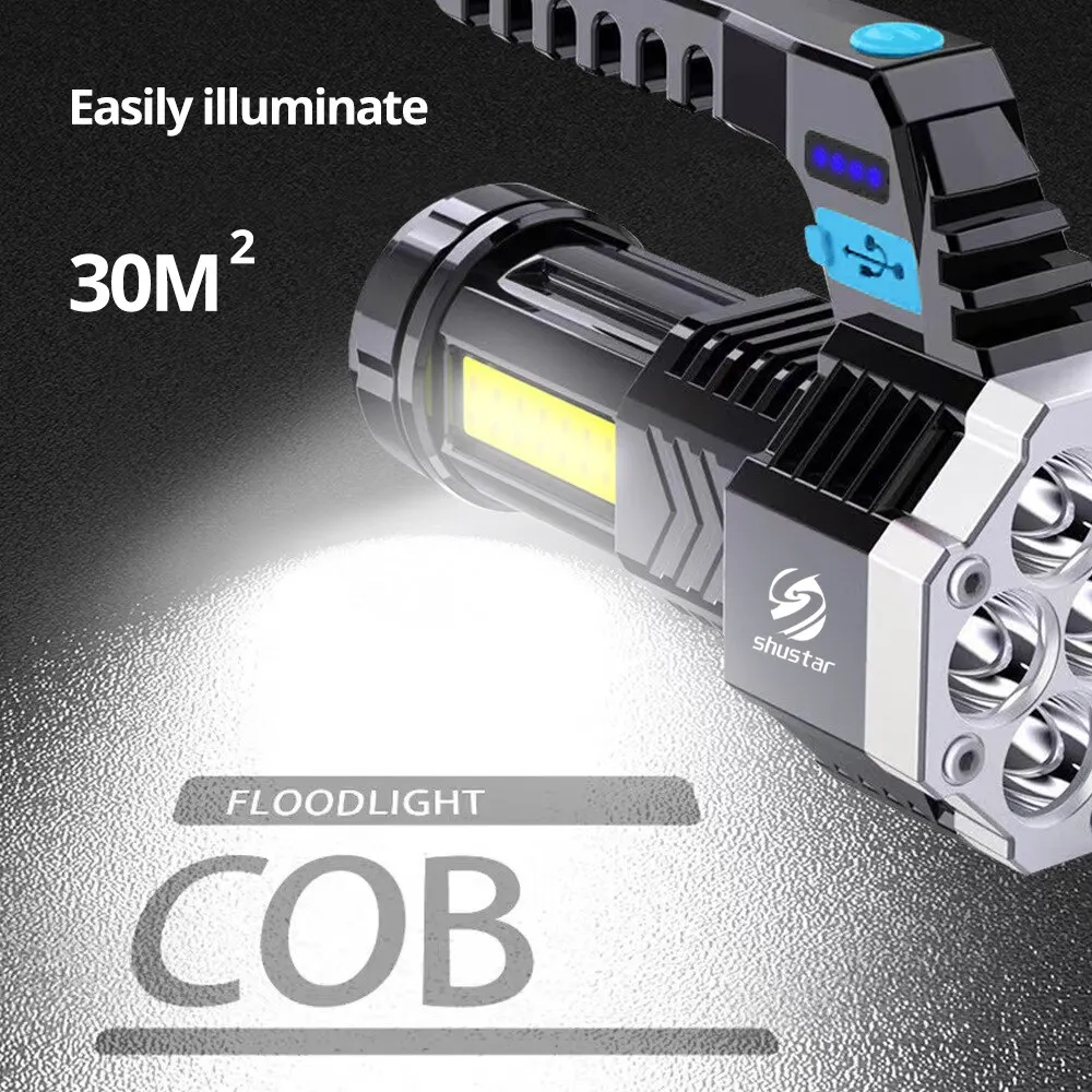 

High Power Rechargeable Led Flashlights 7LED Camping Torch With Cob Side Light Lightweight Outdoor Lighting ABS Material