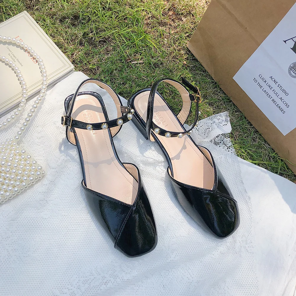 2022 Summer Fashion PU Baotou Square Heel Sandals Female Buckle Strap Slingle Shoes Korean Version Wild Fairy Flat Shoes Women