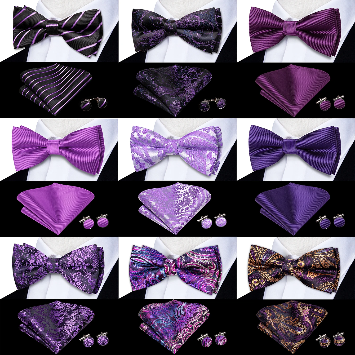 

Purple Lilac Lavender Pansy Violet Silk Mens Bow Tie Hanky Cuffs Set Pre-tied Butterfly Knot Bowtie for Male Wedding Business