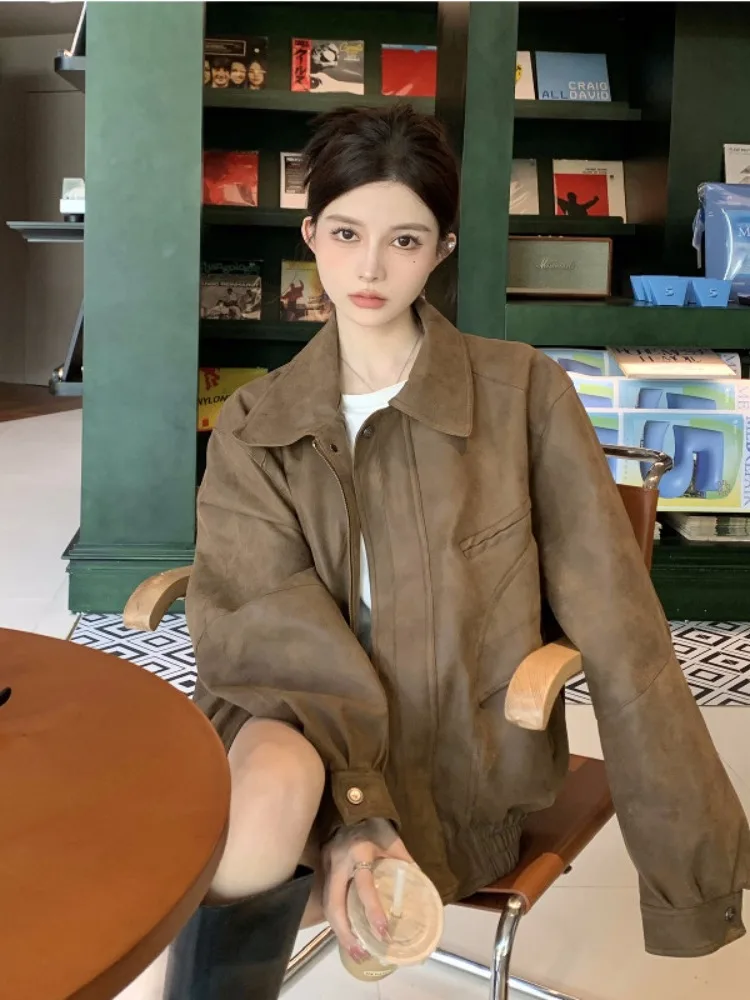 Американская винтажная коричневая верхняя одежда с лацканами женская осенняя