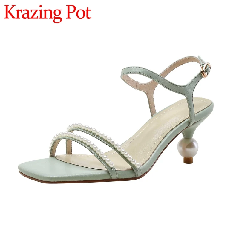 

Krazing Pot 2022 Summer New Arrival Big Size Genuine Leather Peep Toe High Heel Pearl Decoration Sweet Elegant Women Sandals L25