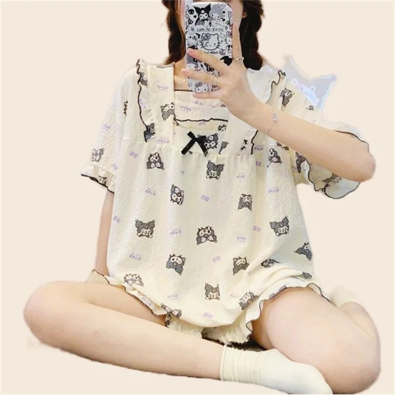 Cute Pajamas Set Short Sleeve T-shirt Shorts 2Piece/Set Sweet Cartoon Print Bow Pyjama Big Size Mom Homewear Cozy Plus Sleepwear