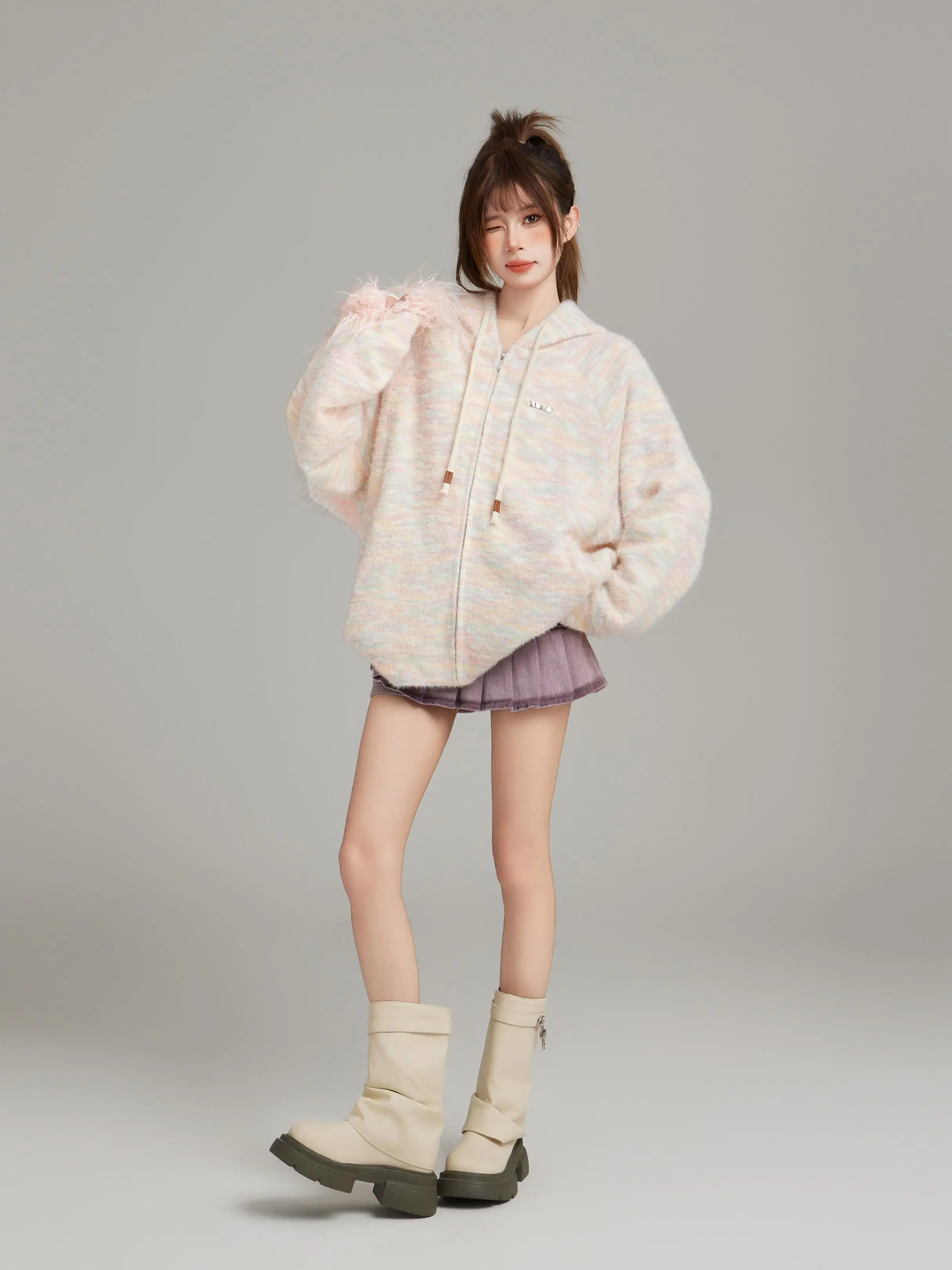 Pink Hood Zip-up Sweater Women Autumn and Winter Loose Idle Sle Outerwear Knit cardigan Hoodie 2024 New