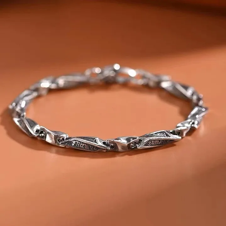 

925 Silver Retro Mobius Six Word Motto Handmade Bracelet for Men and Women Chinoiserie Hip Hop Couple Bracelet