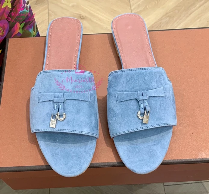 

Suede Metal Lock Flat Mules Ladies Shoes Peep Toe Slip On Slippers Woman Flats Casual Shoes Women Slides Summer Shoes for men