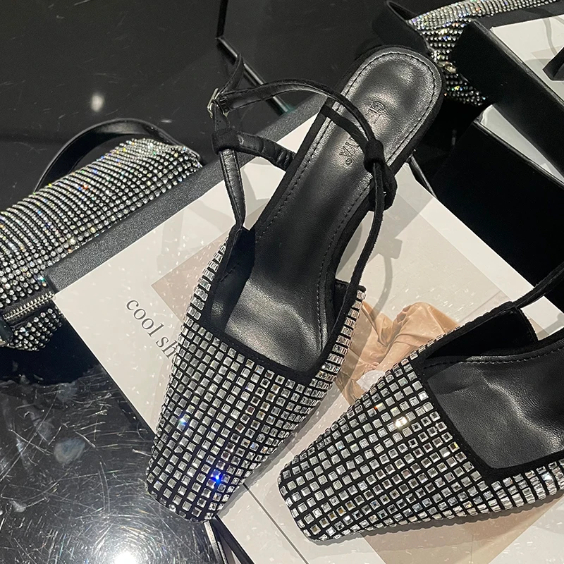 

Women Pumps Mules Summer New 2022 Party Outside Square Toe Slides Luxury Rhinestones Female Heels Shoes Outside Sandals Slippers