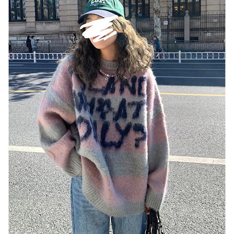 

Vintage Striped Retro Letter Graffiti Sweater Oversized Pullover High Street Elegant Loose Lady Winter Clothes Korean Y2K Top