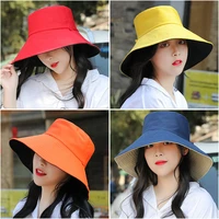 women solid color bucket hat outdoor sun sunscreen collapsible double sided two color beach hat mz013