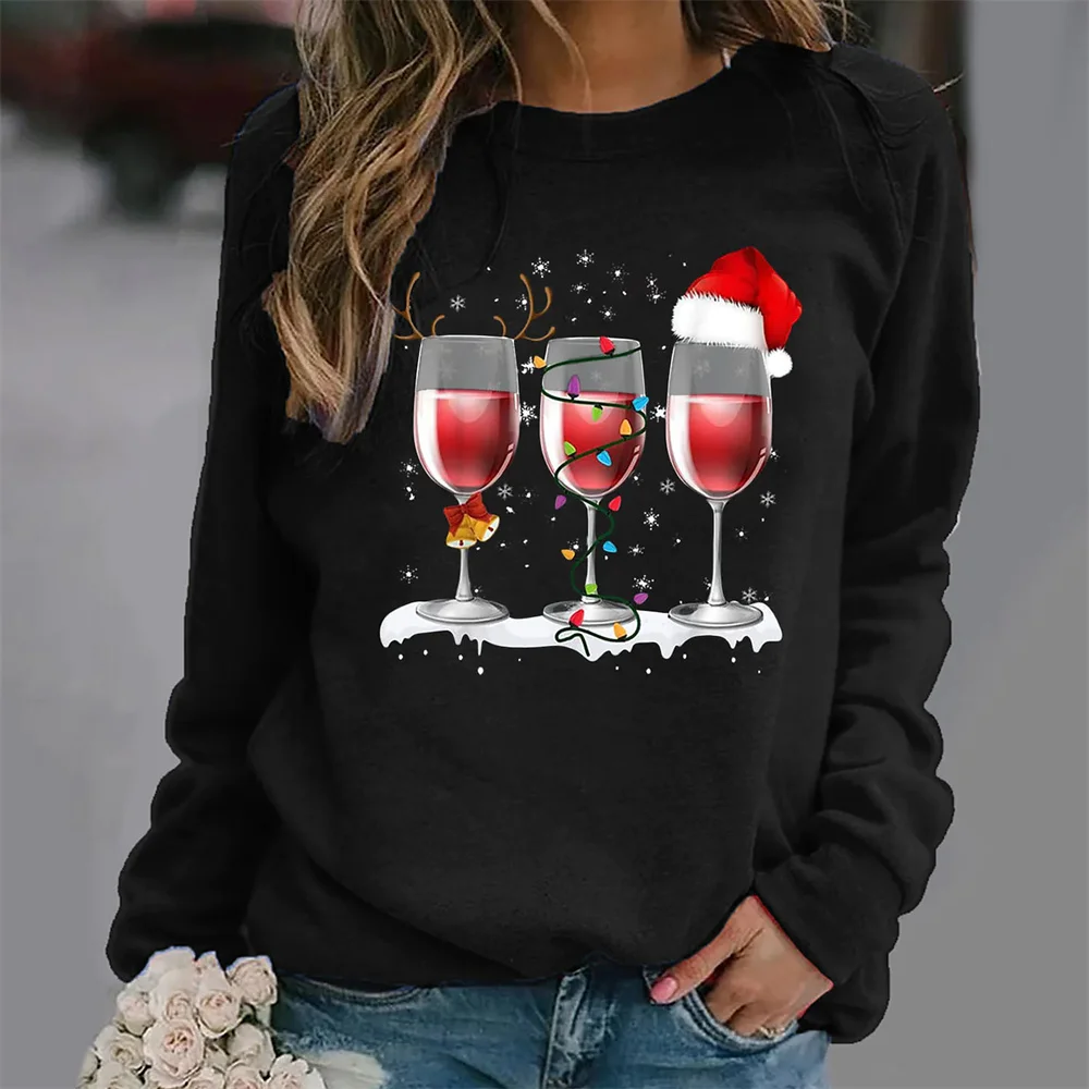 

2023 Autumn New Christmas Tops Women Girl Wine Cup 3d Printing T-shirt Cotton Long Sleeve Shirt Top Funny T Shirt