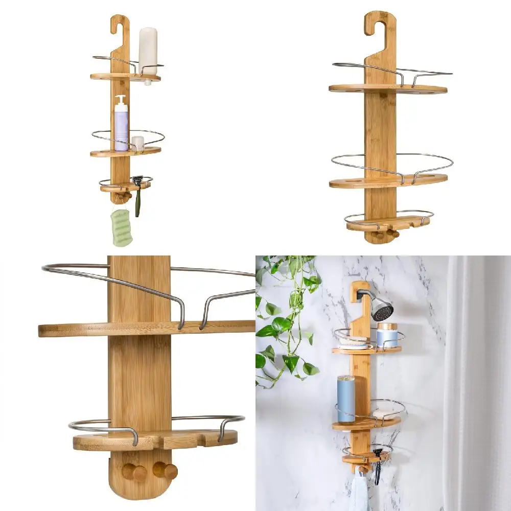 

Beautiful, Stylish 3-Tier Bamboo Shower Caddy with Suction Cups - Natural Color - Create an Organized Bathroom Oasis.