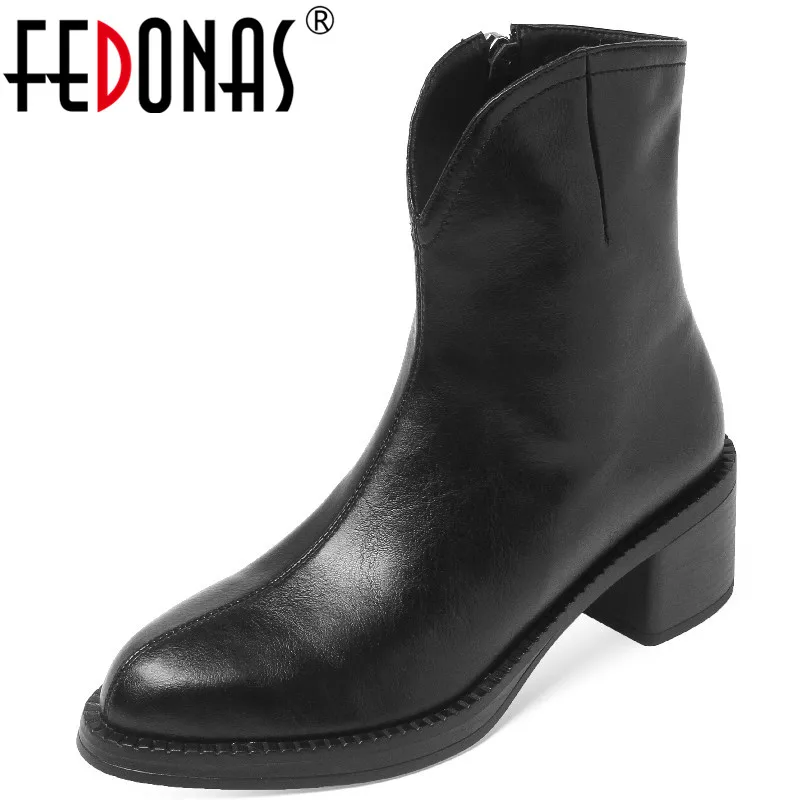

FEDONAS Office Ladies Autumn Winter Women Ankle Boots Thick Heels Genuine Leather Shoes Woman Concise Retro Style New Arrival