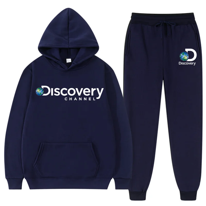 Discovery channel men Hooded Sports Suit Women Casual Solid Color Hoodie and Pants 2 Pieces Set Fleece Sportswear Jogging Suits