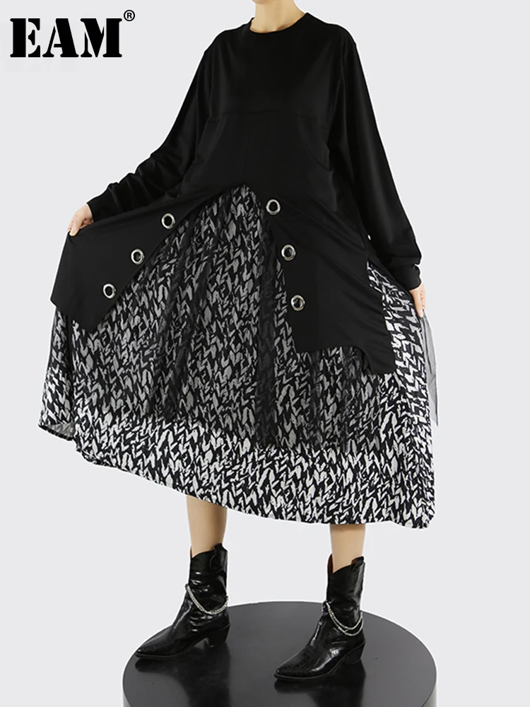 

[EAM] Women Black Mesh Printed Big Size Long Dress New Round Neck Long Sleeve Loose Fit Fashion Tide Spring Autumn 2022 1DE5821