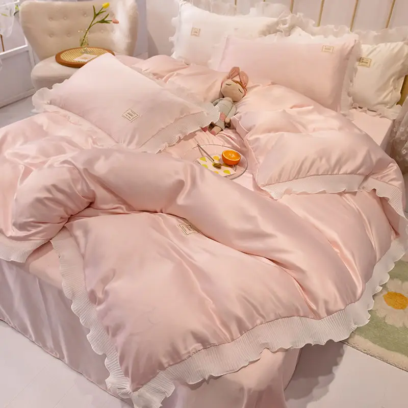 

New Fashion Ice Silk Bed Four-piece Summer Princess Style 1.5M Quilt Cover Sheet Four-piece Boutique All-match Simple Style