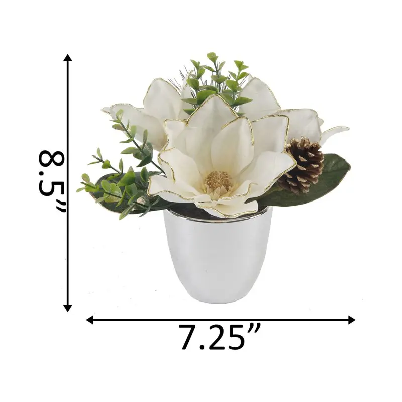 

Artificial Plastic Magnolias with Gold Trim in Silver Planter