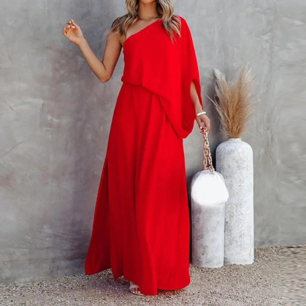 

Popular Summer Dress Summer Women Dress Solid Color Slanted Shoulder Split Dress Skin-friendly
