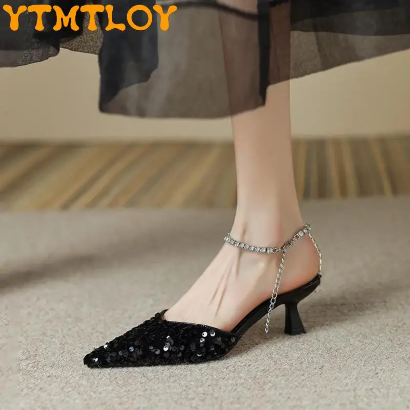 

Sequin one word belt sandals women's 2022 summer new fashion pointed toe rhinestones back empty single shoes Baotou high heels t