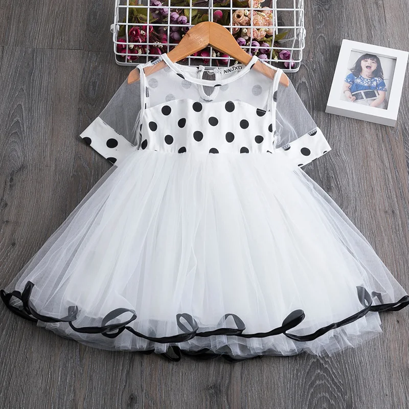 

Summer 2022 New Arrivals Girls Short Sleeve O Neck Dot Mesh White Roupa Infantil Menina Cute Party Dress Custume 18M-7T