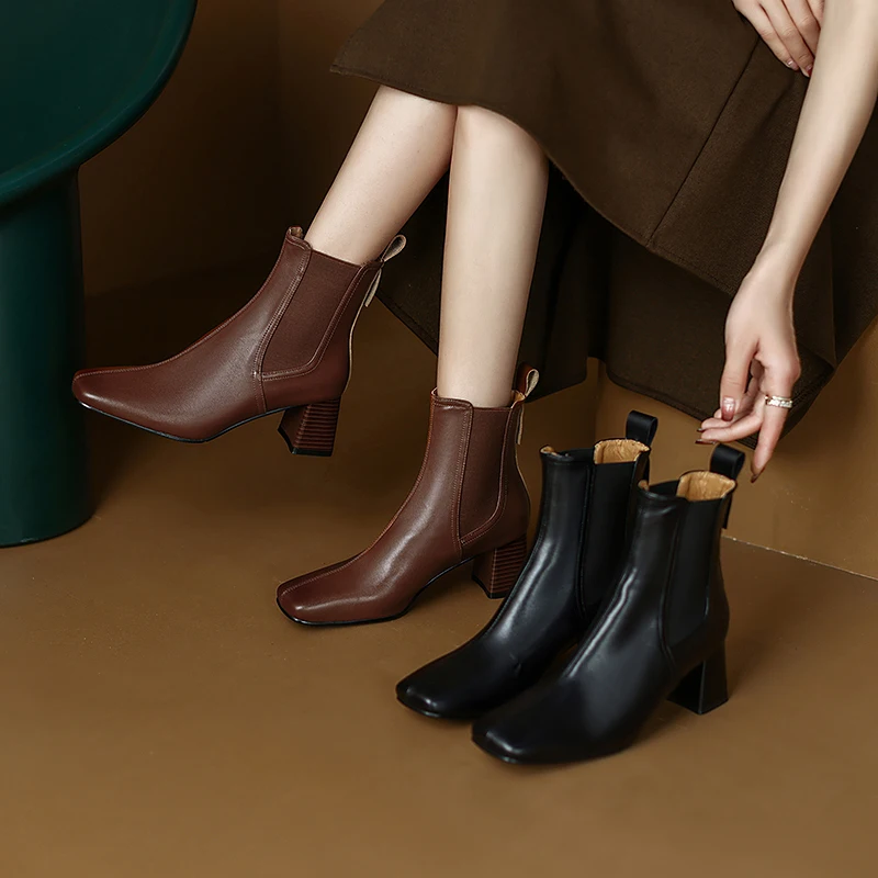 

2022 Autumn and winter Women ankle boots natural leather plus size 22-26.5cm cowhide upper square toe chunky heel chelsea boots