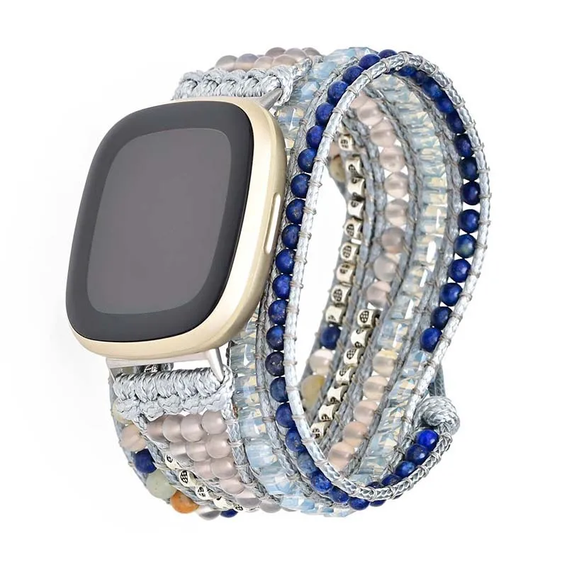 Natural Gemstone Lapis Woven Watch Strap For Fitbit Versa 3 2 1 Band Rope Bead Boho Bracelet For Fitbit Versa Lite Sense Strap