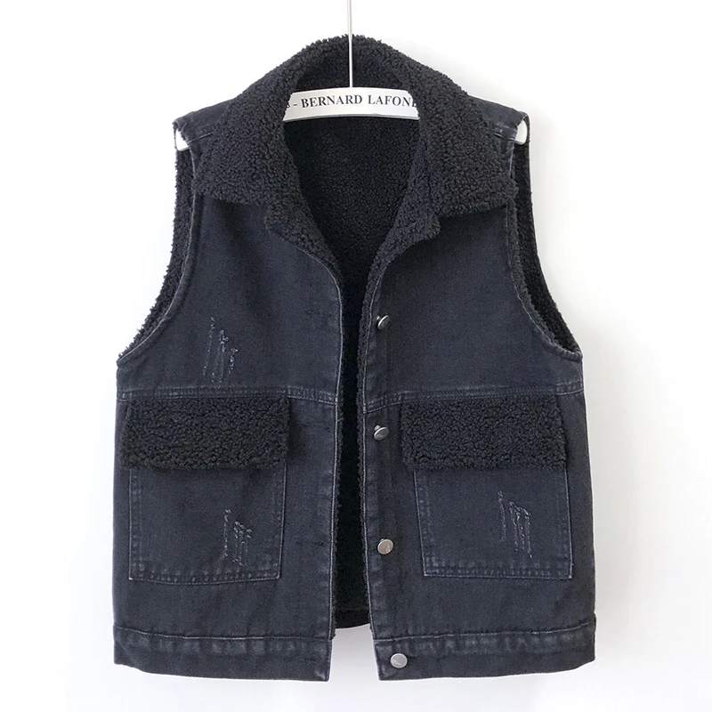 

Winter Lamb Fleece Denim Vest Women Waistcoat Black Cowboy Sleeveless Jacket Loose Short Big Pocket Frayed Jeans Vests Female