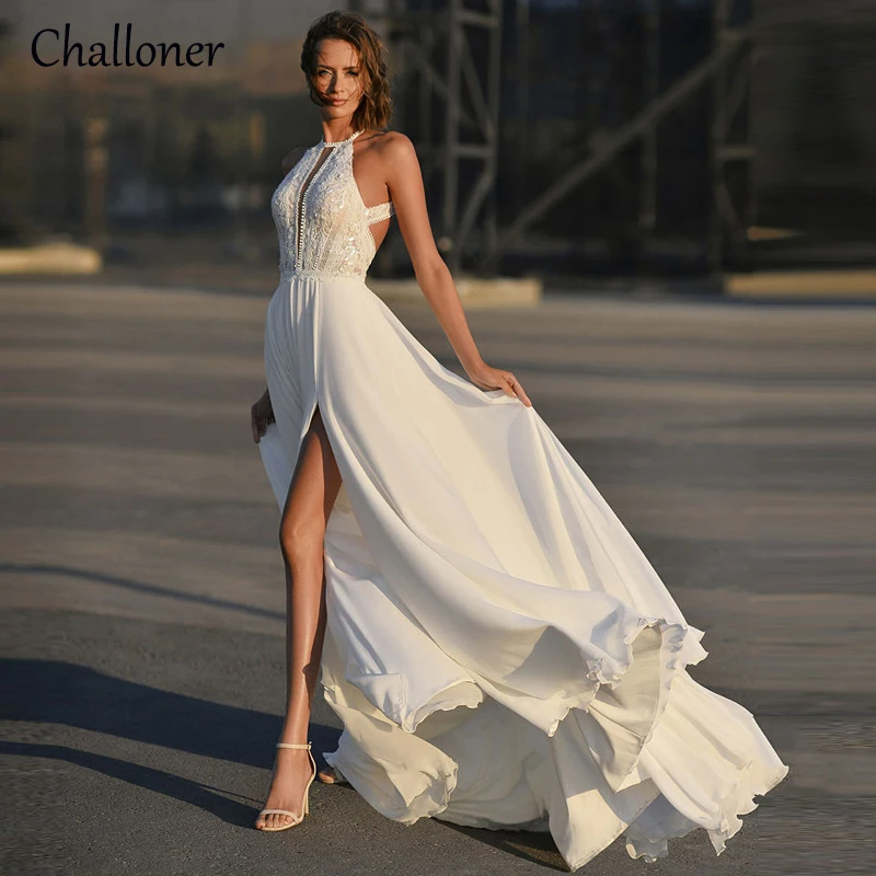 Купи Challoner Boho Halter Chiffon Wedding Dresses Squined Beaded Lace Appliques A-Line Sleeveless Floor Length Backless Bridal Gowns за 5,280 рублей в магазине AliExpress