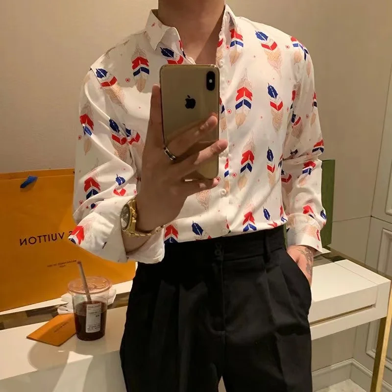 

Мужская приталенная рубашка с длинным рукавом, Повседневная белая рубашка с принтом, лето 2022