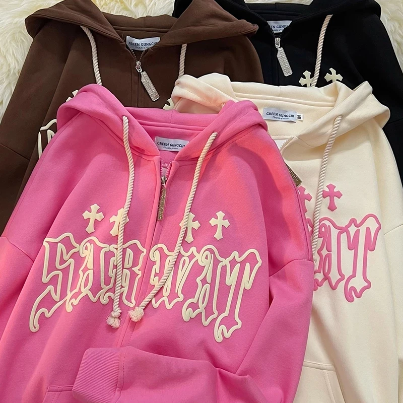 

Y2k Embroidery Hoodies Women Streetwear 2022 Japanese High Street 2022 Zip Up Hip Hop Cotton Korea Fleece Pocket Korea Cotton