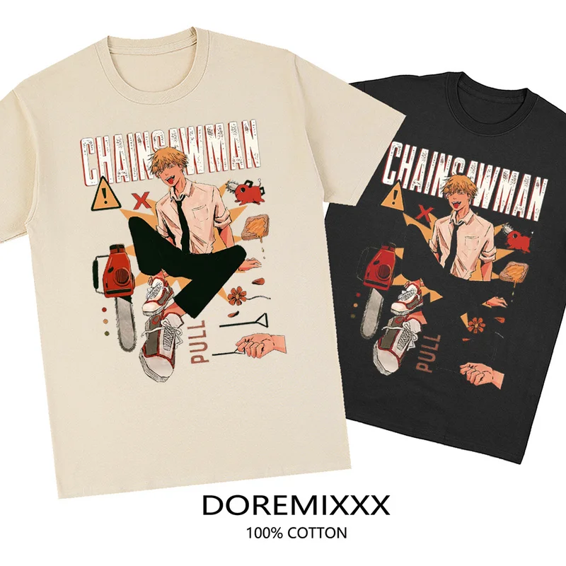 

Футболка унисекс в японском стиле, Забавный топ с принтом манги, с принтом бензопилы, для мужчин и женщин, уличная одежда в стиле 90-х