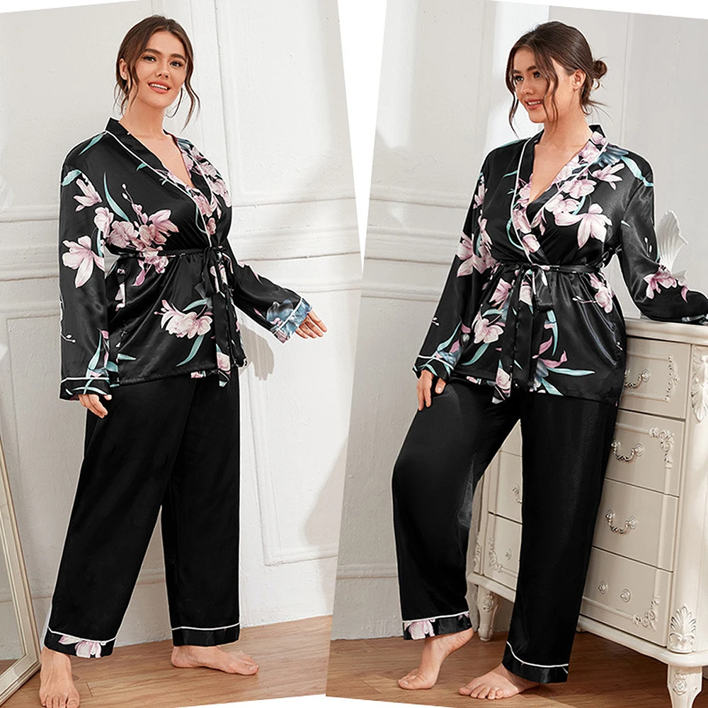 Plus Size Pajamas Women's Cardigan Lace up Robes Pants Casual Loose Fit Home Furnished Ladies Set Can Be Outworn Satin Sleepwear