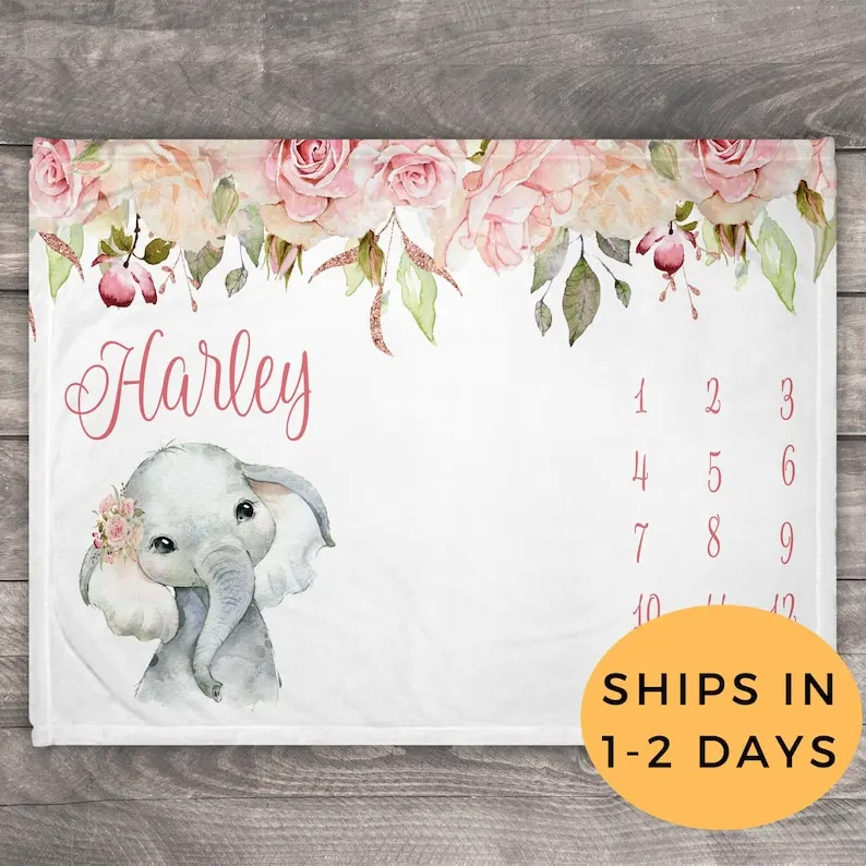 

Elephant Blanket, Baby Milestone Blanket, Monthly Blanket, Baby Growth Chart, New Mom Gift,Personalized Baby Girl Blanket,Safari