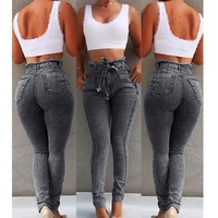 new denim womens slim fringed belt high waist jeans women