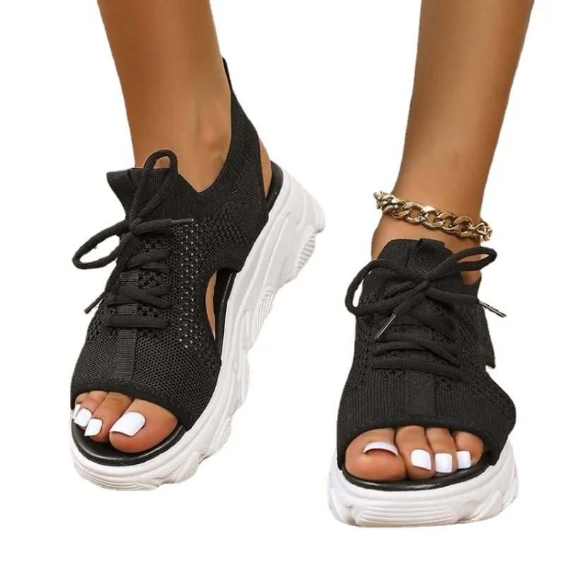 

Summer women sands 2023 Fashionable casual hollow out medium heel mesh women's sports style thick sole sandals