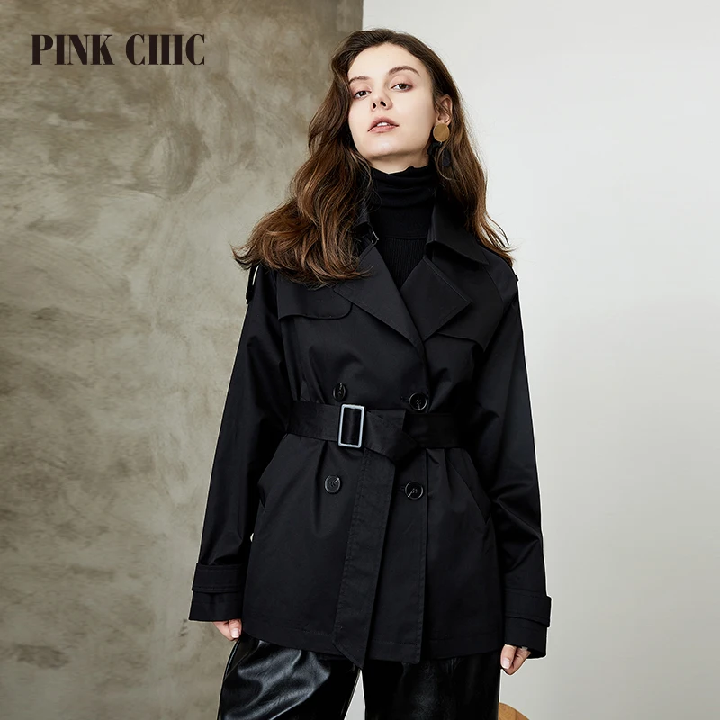 

PINK CHIC 2023 New Spring Autumn Windbreaker Lapel Collar Women Double Breasted Waist Belt Urban Style Coat Elegant Trench 618